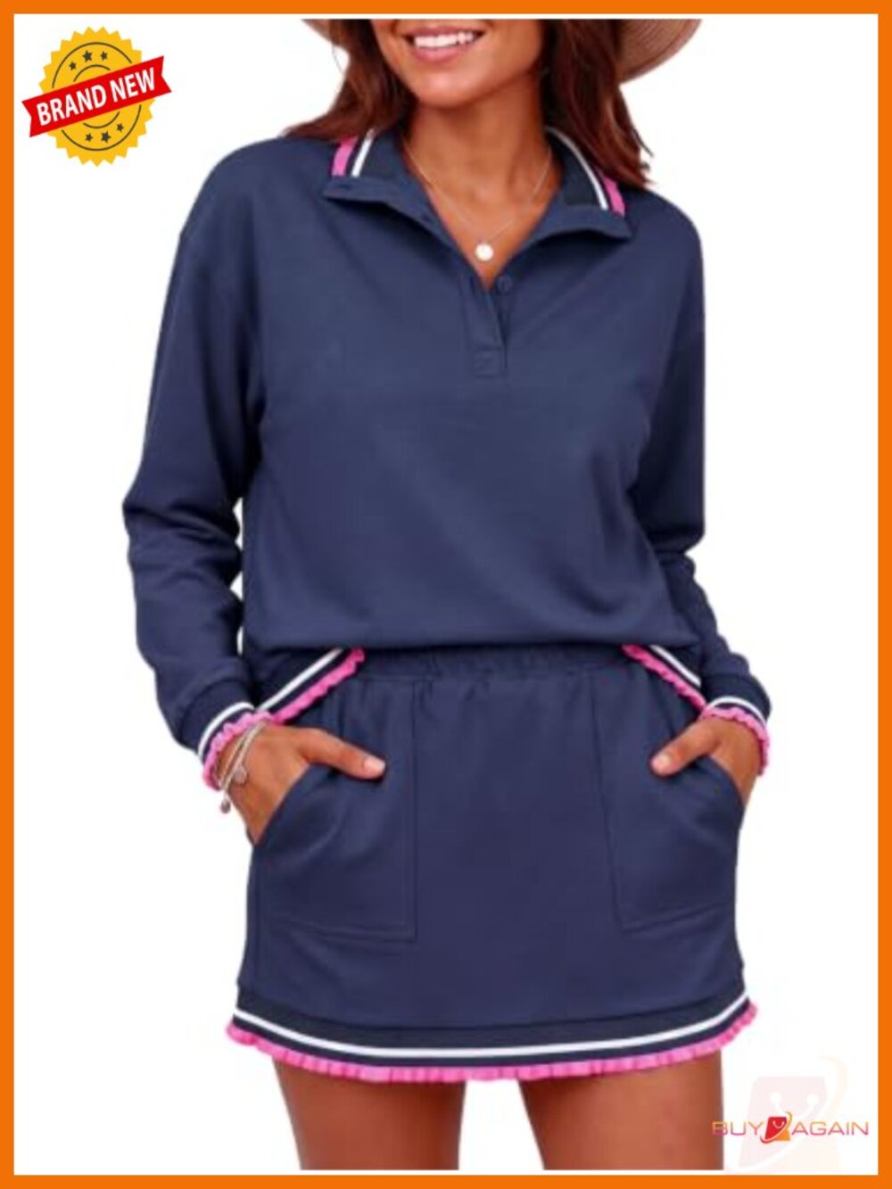Fisoew Women's 2 Piece Skirt Set Ruffle Collared Sweatshirt Mini Skirt